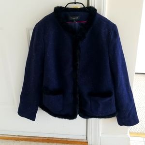 Talbots Navy Wool Blend Faux Fur Trimmed Jacket NWT size 12